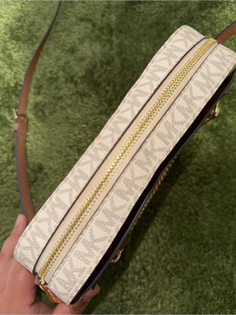 Michael Kors Beige Signature MK Crossbody with Brown Trim and Gold Chain